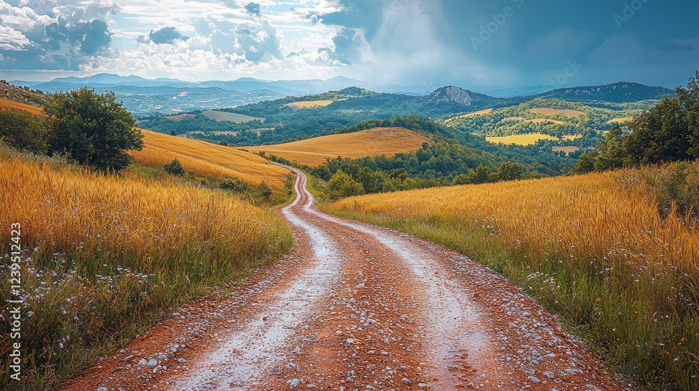 Aufkleber A winding dirt path meanders through golden fields, surrounded by lush greenery and distant hills. The sky is filled with dynamic clouds, hinting at a gentle rain, creating a peaceful atmosphere