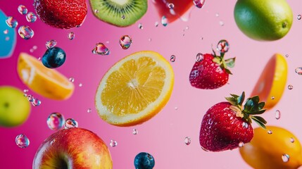 Fruits submerged in bubbly water