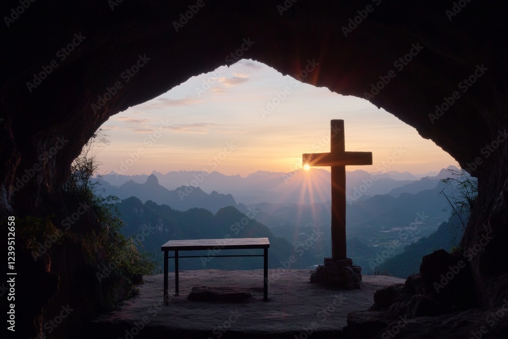 Poster cross is lit up in the sky above a table in a cave