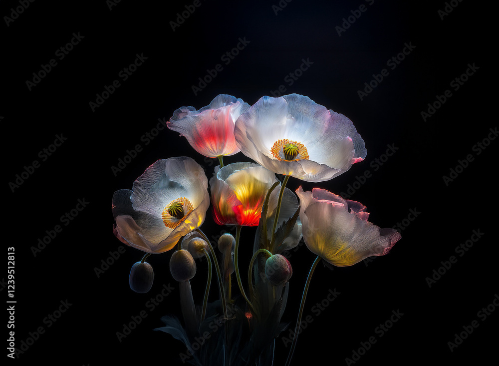 Poster luminous poppies glow against a stark black background, their translucent petals illuminated from wi