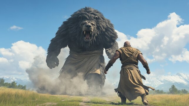 A bald, muscular man in a robe faces a colossal lion-like creature. Epic fantasy showdown.