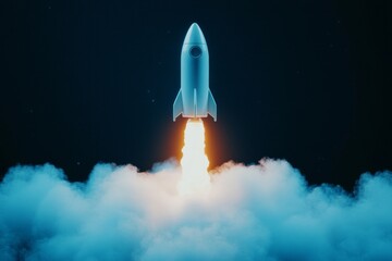 Space rocket launch at night with glowing flames and thick clouds