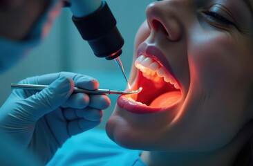 Female patient undergoes laser dental treatment with dentist utilizing modern technology