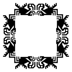 Square ethnic frame or rectangular border with stylized turkey vulture birds. Ancient Peruvian animal motif. Native American art. Recuay culture. Black silhouette on white background.