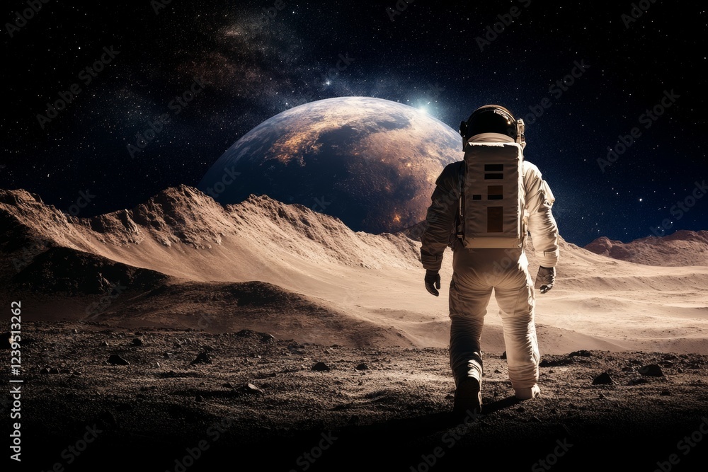 Poster astronaut exploring lunar surface with earth in background