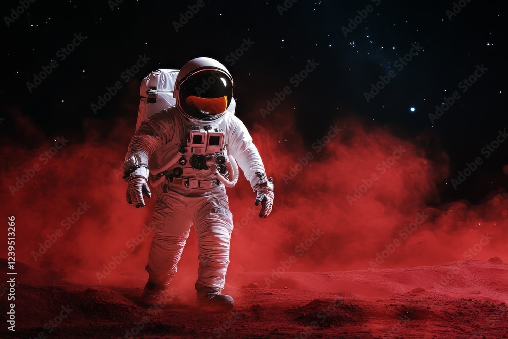 Poster astronaut exploring red planet surface under starry sky
