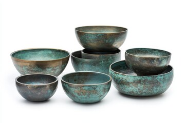 Tibetan healing bowls captured against a light backdrop