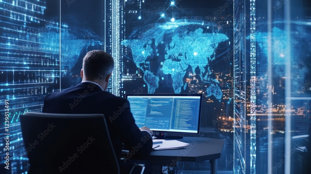 Poster data analyst working on global network security in modern office building