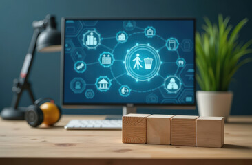 Digital data management interface on computer screen with hsty blocks on desk