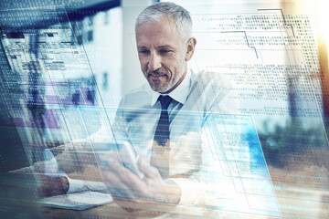 Overlay, graph and business man with phone for finance analysis, website and fintech research. Office, professional and person on laptop for stock trading, cryptocurrency and online investment