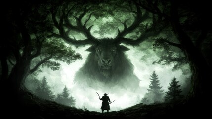 A lone figure confronts a colossal, shadowy elk in a mystical forest, shrouded in an eerie green mist.