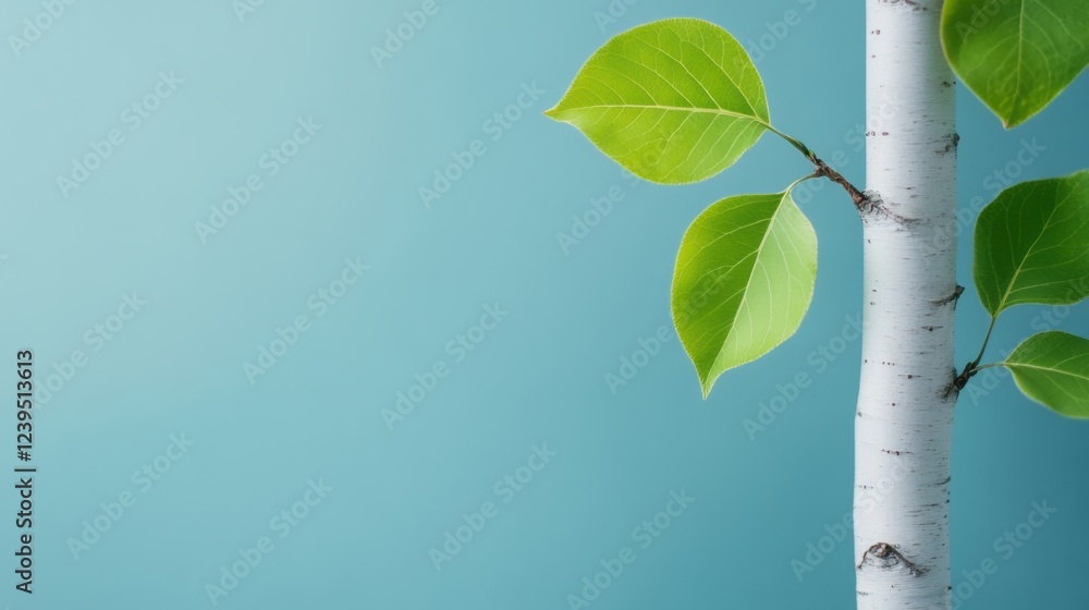 Poster fresh green leaves on white birch tree with soft blue background creating a calm and serene atmosphe