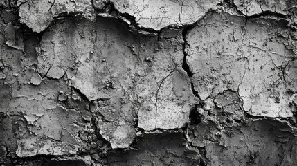 Obraz premium Weathered layers of grey earth showcase dramatic cracks and uneven textures, blending artistry with nature's resilience in a desolate setting. The stark details invite contemplation on time and decay