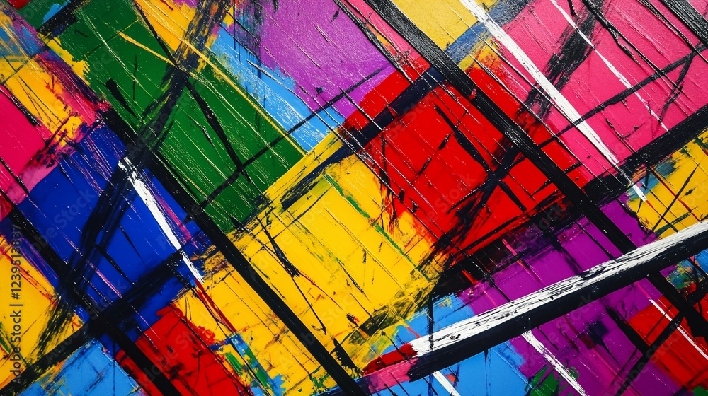 Poster dynamic abstract painting with intersecting colorful brushstrokes and textures