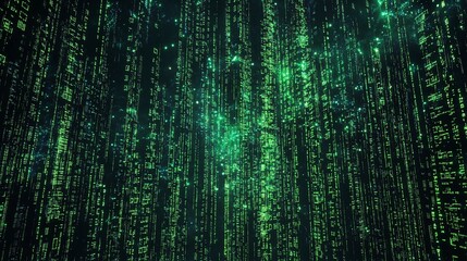 Digital data stream with green binary code creating an immersive matrix effect