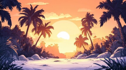 Obraz premium Serene Sunset Over Tropical Beach with Lush Palm Trees