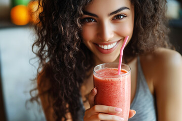 Happy young woman drinking a fresh fruit smoothie with a straw in her cozy kitchen