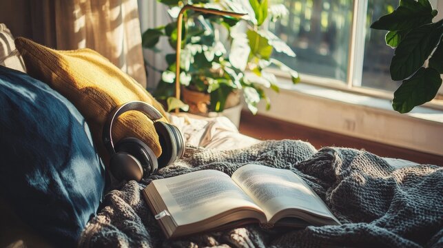Cozy reading nook with open book and sunlight
