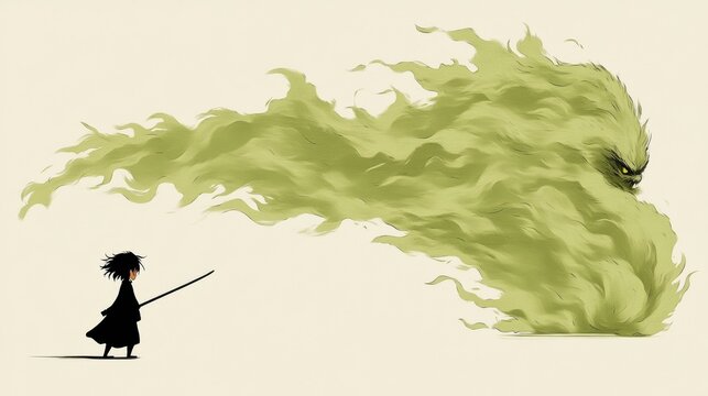 Young girl confronts a mystical, green smoke monster. Digital painting with a whimsical, slightly dark tone.