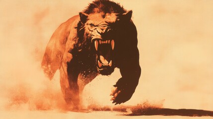 Naklejka premium A powerful lion charging through the sand, its roar echoing in the desert heat. The warm, sepia tones create a dramatic image.
