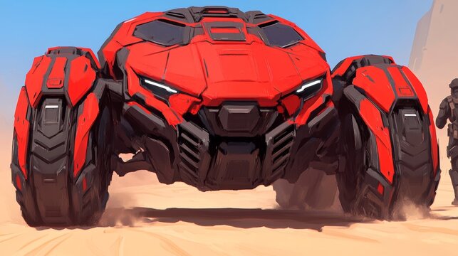 Futuristic red vehicle speeding across a sandy landscape, a soldier watches from afar.