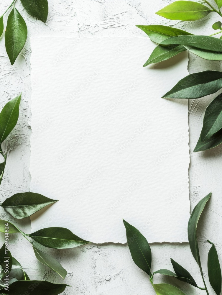 Poster blank paper surrounded by green leaves on textured background for creative design projects and prese