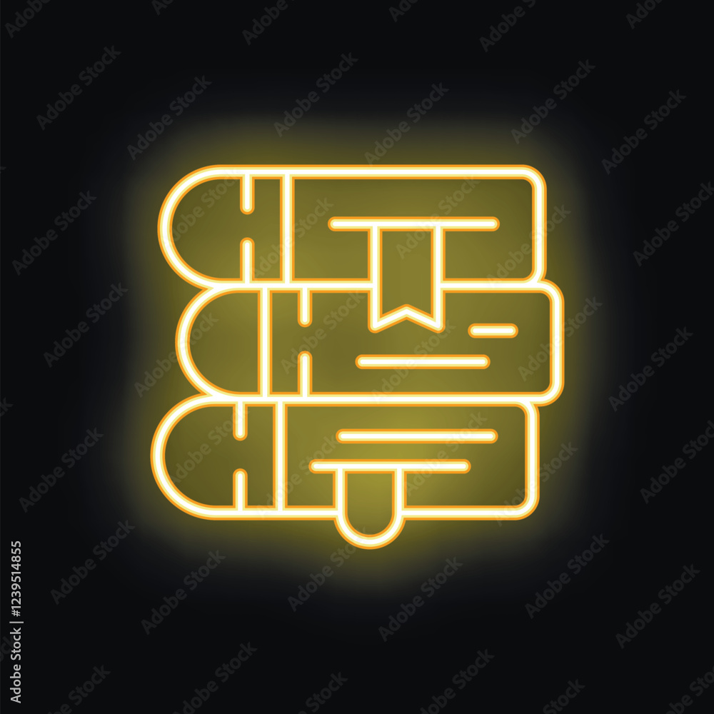 Aufkleber yellow neon sign representing three books stacked on top of each other with one open and marked with
