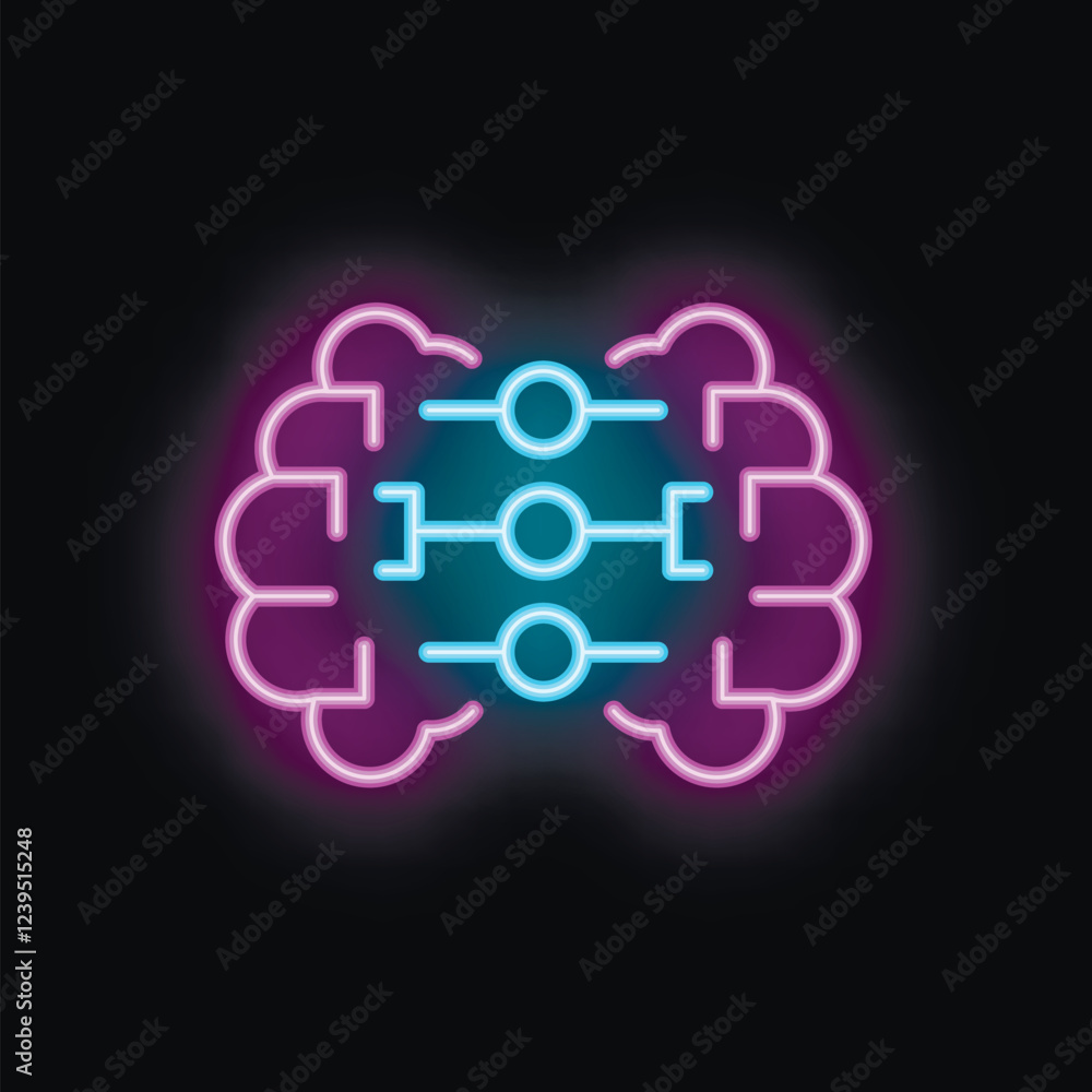Poster neon brain showing artificial intelligence algorithm glowing on black background