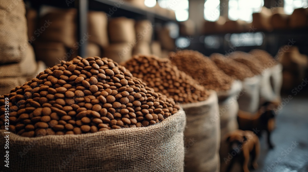Poster piles of brown nuts in burlap sacks inside a rustic warehouse with natural light filtering through