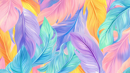Playful seamless pattern featuring pastel colored tropical leaves. Cultural Aesthetics. Illustration