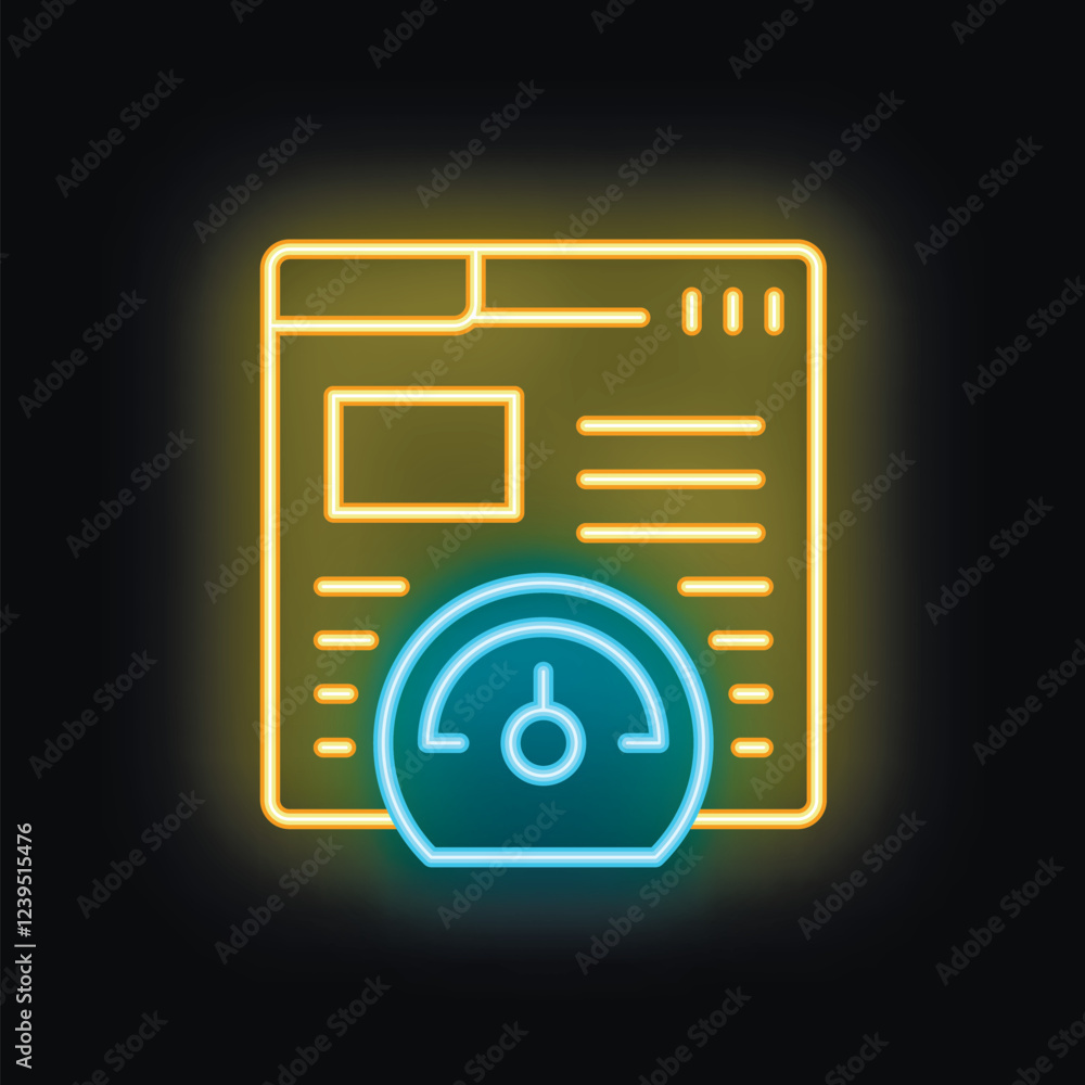 Poster neon glowing icon of website speed optimization showing loading time with gauge