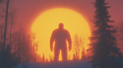 Fototapeta premium Silhouette of a large figure standing in a snowy forest at sunset. Mysterious and dramatic.