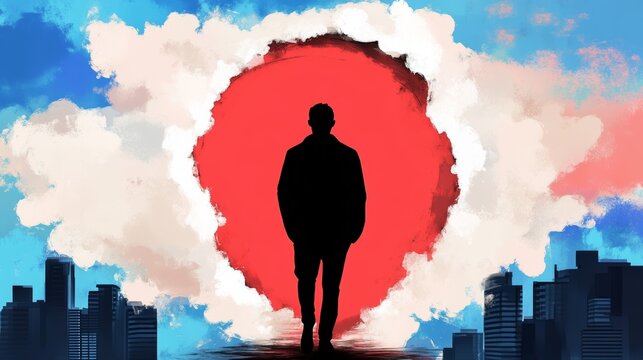 Silhouette of a man walking towards a vibrant red circle in a dreamy cityscape.