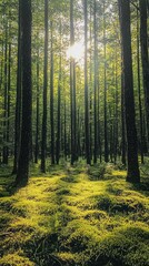 Obraz premium Soft rays of sunlight filter through towering trees, casting a warm glow over a lush carpet of moss and undergrowth. The serene atmosphere invites peaceful reflection