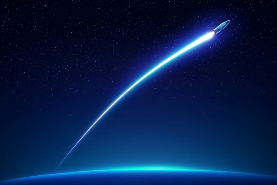 Rocket launching into space leaving an illuminated trail against a starry sky