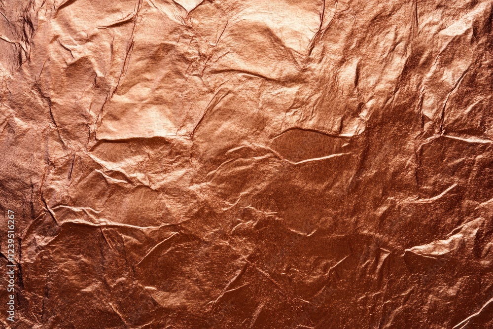 Poster crumpled shiny copper metallic texture surface in abstract pattern