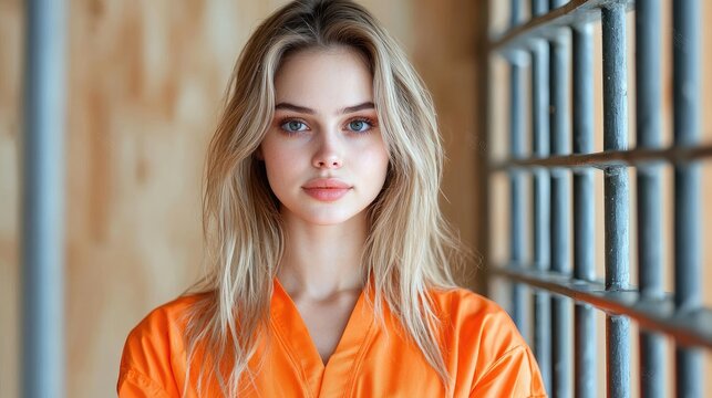 Young woman in orange jumpsuit, prison bars background