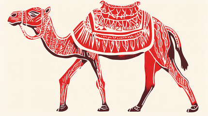 Woodblock print-style camel featuring bold lines and traditional techniques, offering a classic and cultural vibe. Cultural Aesthetics. Illustration