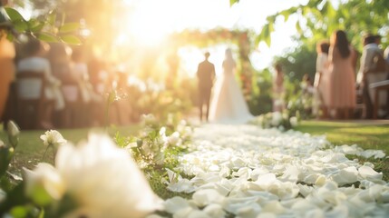 Photo of wedding aisle flowers, petals, view on a wedding ceremony, bride and groom taking vows