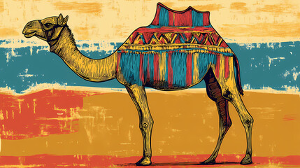 Woodblock print-style camel featuring bold lines and traditional techniques, offering a classic and cultural vibe. Cultural Aesthetics. Illustration