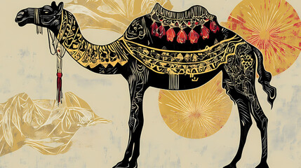 Woodblock print-style camel featuring bold lines and traditional techniques, offering a classic and cultural vibe. Cultural Aesthetics. Illustration