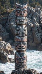 Mystical totem pole on rocky shore adorned with geometric carvings in earth tones