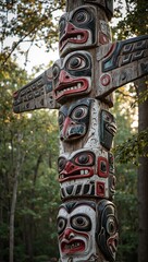 Detailed wooden totem pole with salmon and raven carvings highlighted in red and white paint