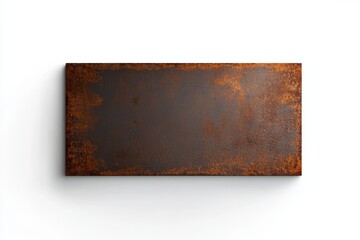 Rectangular rusted metal plate with corrosion on white background