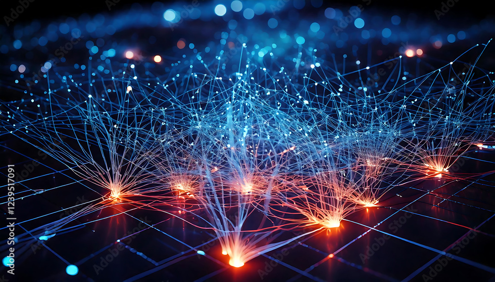 Poster abstract digital network concept. vibrant blue and orange glowing lines intersect, creating a dynami