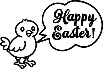 Cute Cartoon Chick Saying 'Happy Easter' in Speech Bubble Outline Drawing