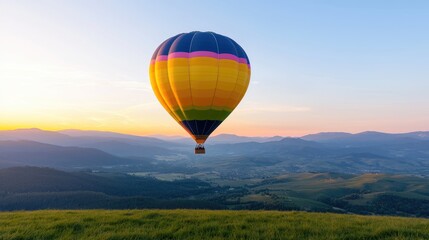 Naklejka premium Hot air balloon sunrise flight over mountain valley