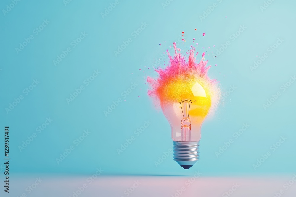 Poster exploding light bulb with colorful powder on blue background