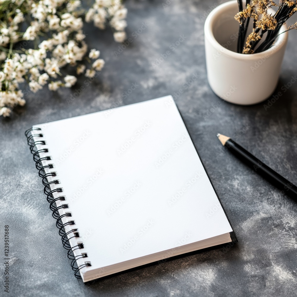 Fototapete blank notebook on a gray surface with flowers and a pen for creative note taking and journaling. gen