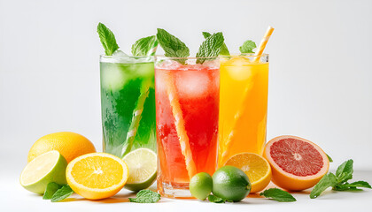 Isolated drinks. Glasses of fresh citrus juices (orange, grapefruit, lemon, lime) and cut fruits isolated on white background